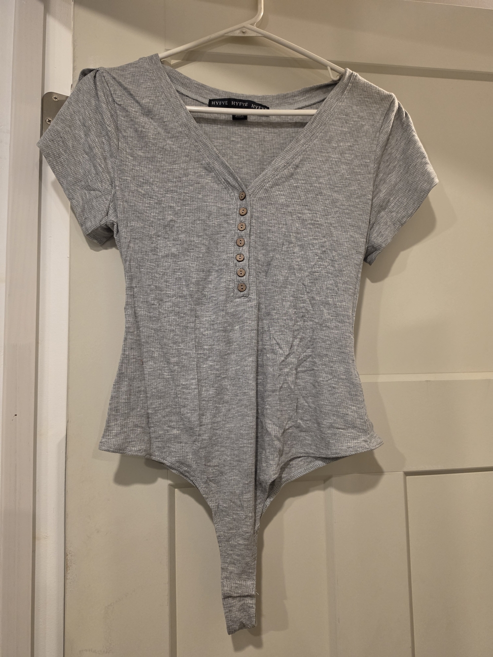 HYFVE Gray Ribbed V-Neck Button-Front Bodysuit
